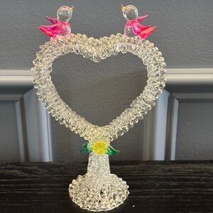 Vintage Hand Blown Spun Glass Heart Sculpture, 2 pink birds, wedding topper